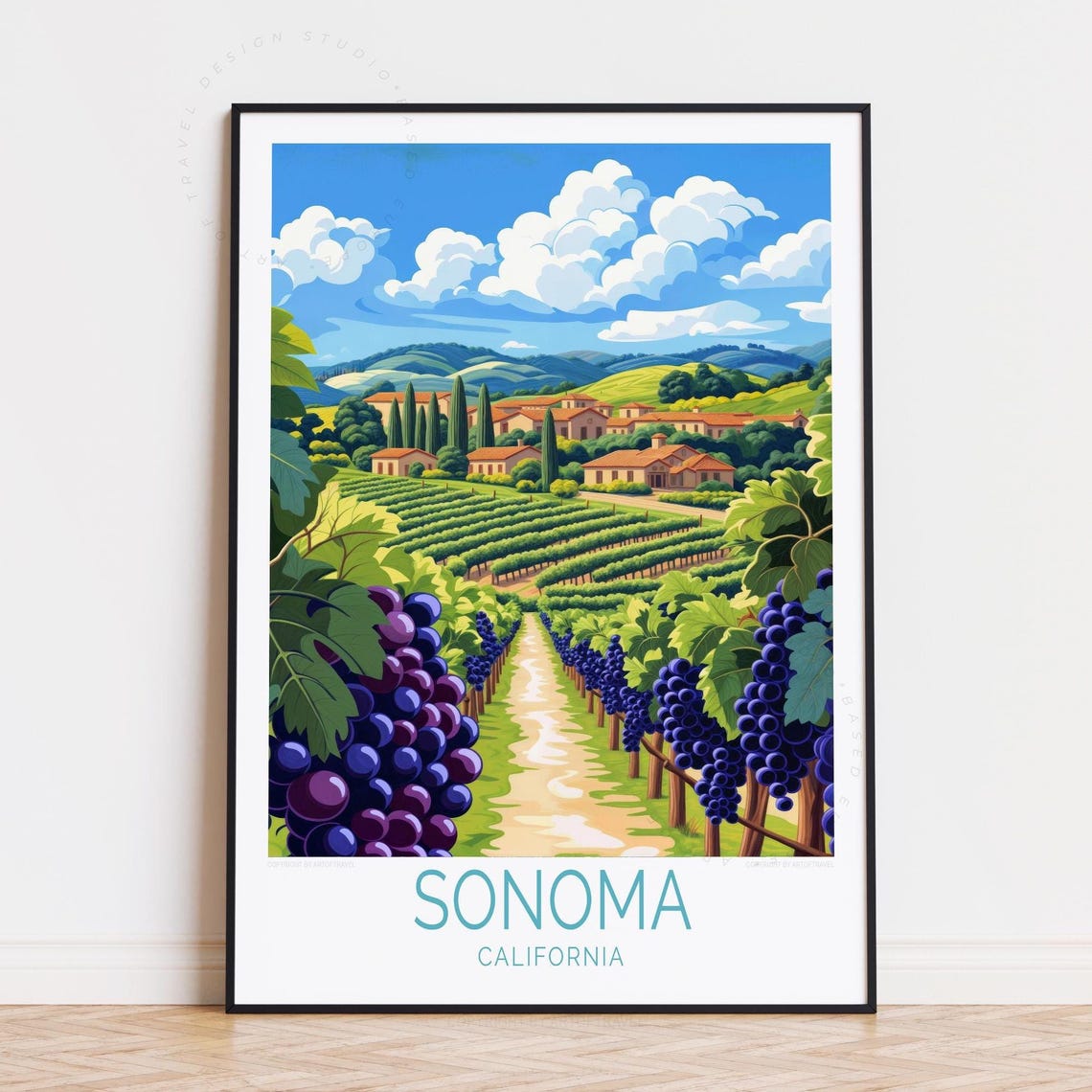 Sonoma California Vineyard Grape Rows Estate Winery Travel Poster