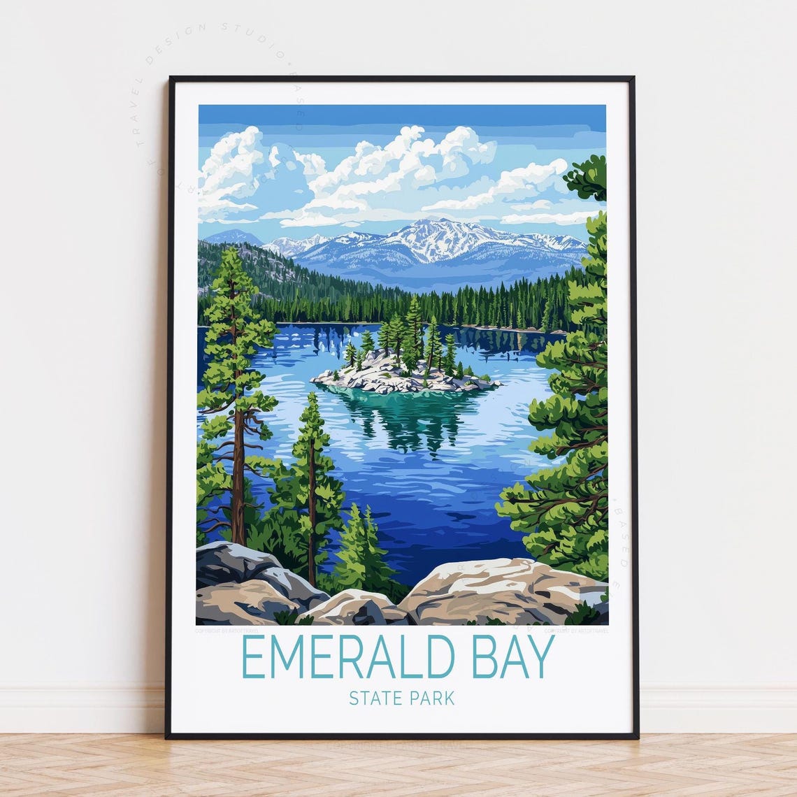 Emerald Bay State Park Lake Island Tall Pines Vibrant Travel Poster