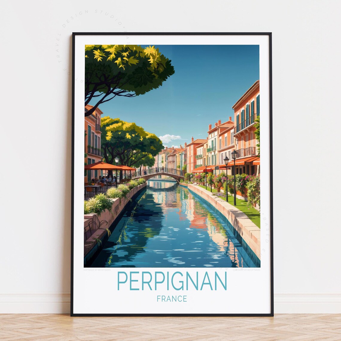 Perpignan France Canal Bridge Colorful Old Town Street Travel Poster