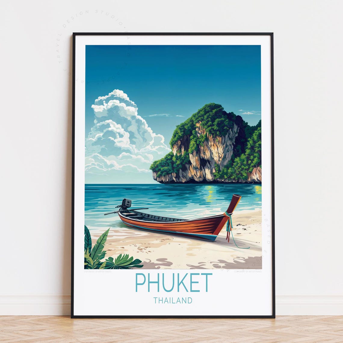 Phuket Thailand Longtail Boat Limestone Cliff Beach Art Poster