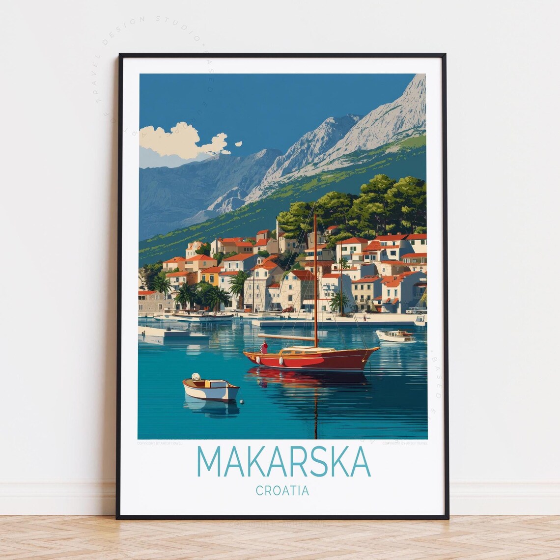 Makarska Croatia Turquoise Bay Marina Sailboats Retro Travel Poster