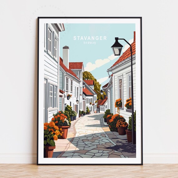 Stavanger Norway Historic Street White Houses Red Roofs Poster