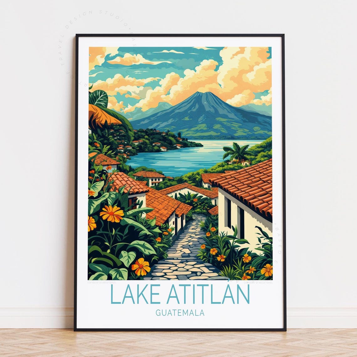 Lake Atitlan Guatemala Volcano Lakeside Village Vintage Travel Poster