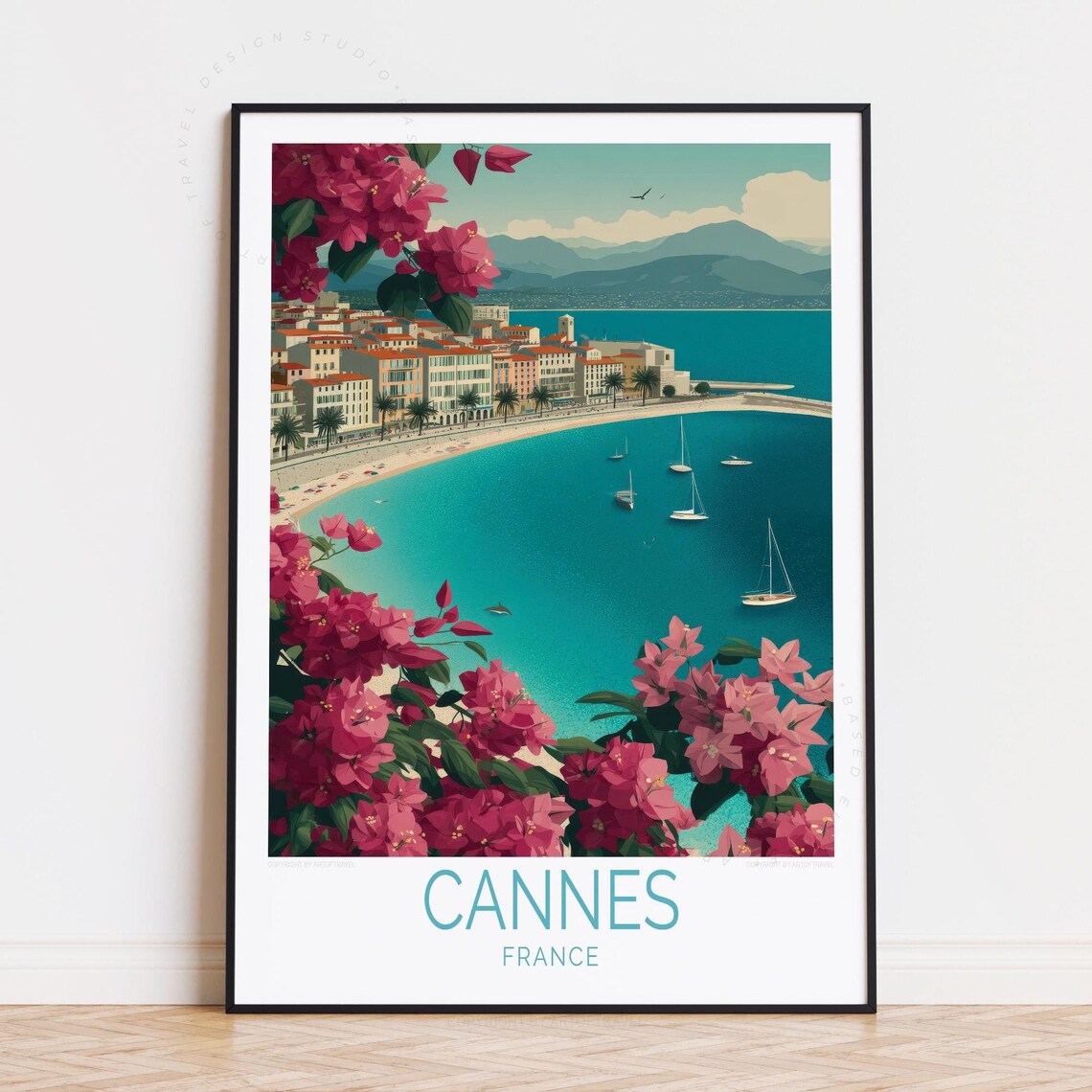 Cannes France Riviera Bay Bougainvillea Sailboat View Travel Poster