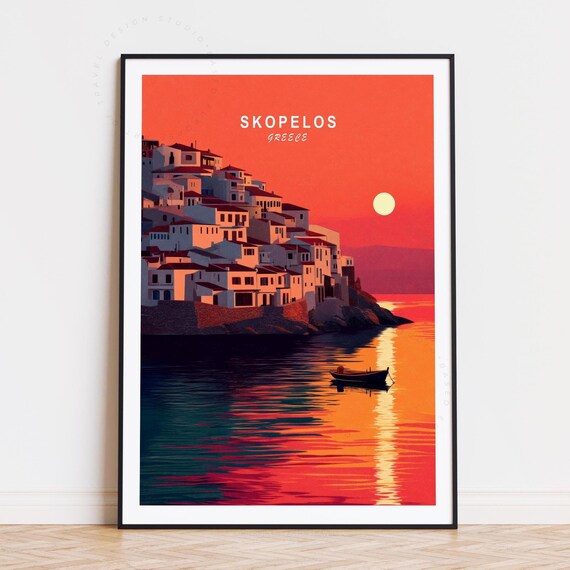 Skopelos Greece Crimson Sky Hillside Town Sun Harbor Sea Poster