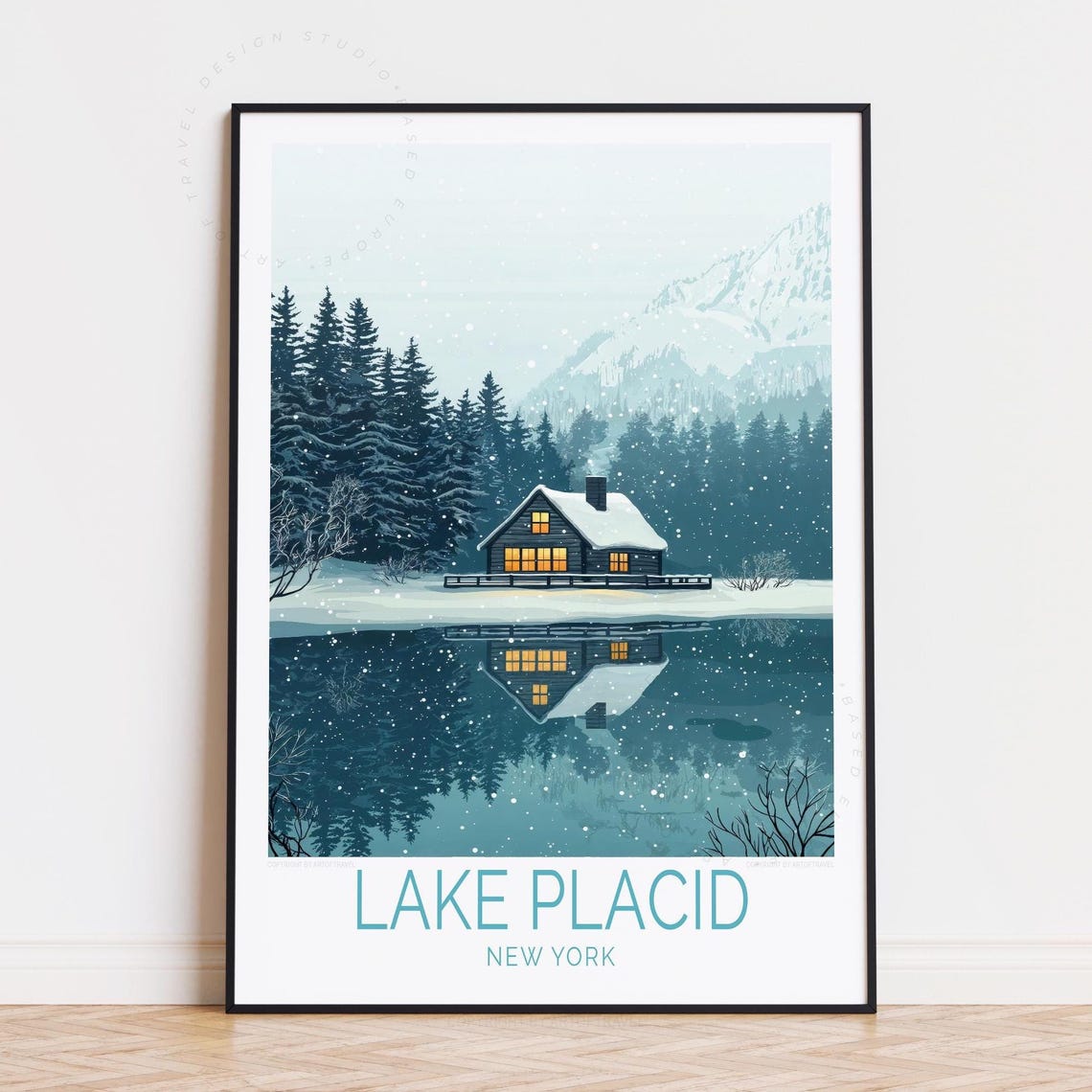 Lake Placid New York Snowy Lakeside Cabin Winter Travel Poster