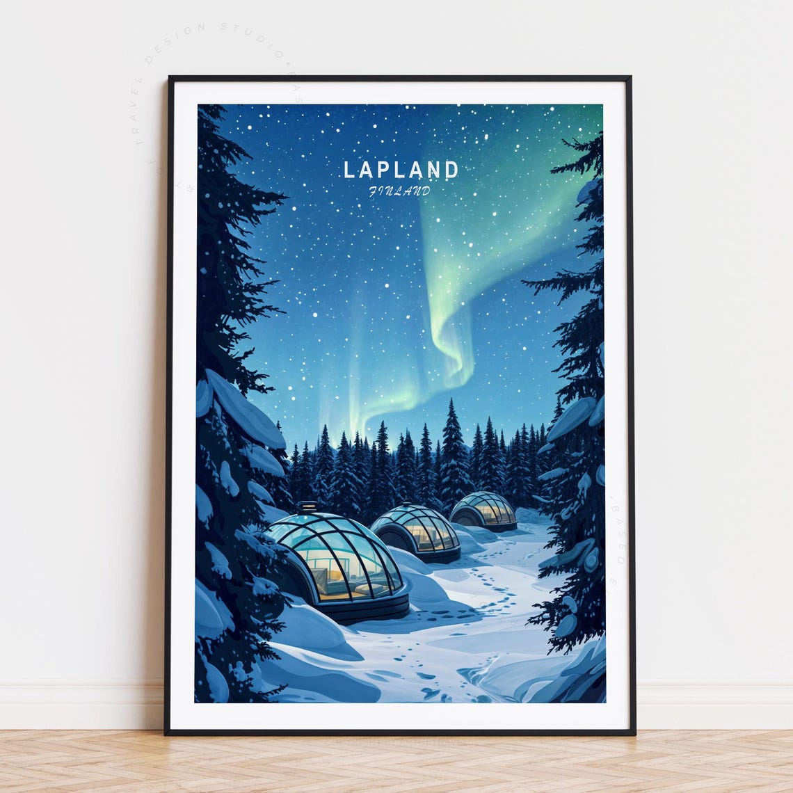 Lapland Finland Aurora Borealis Igloo Snowy Night Retro Travel Poster