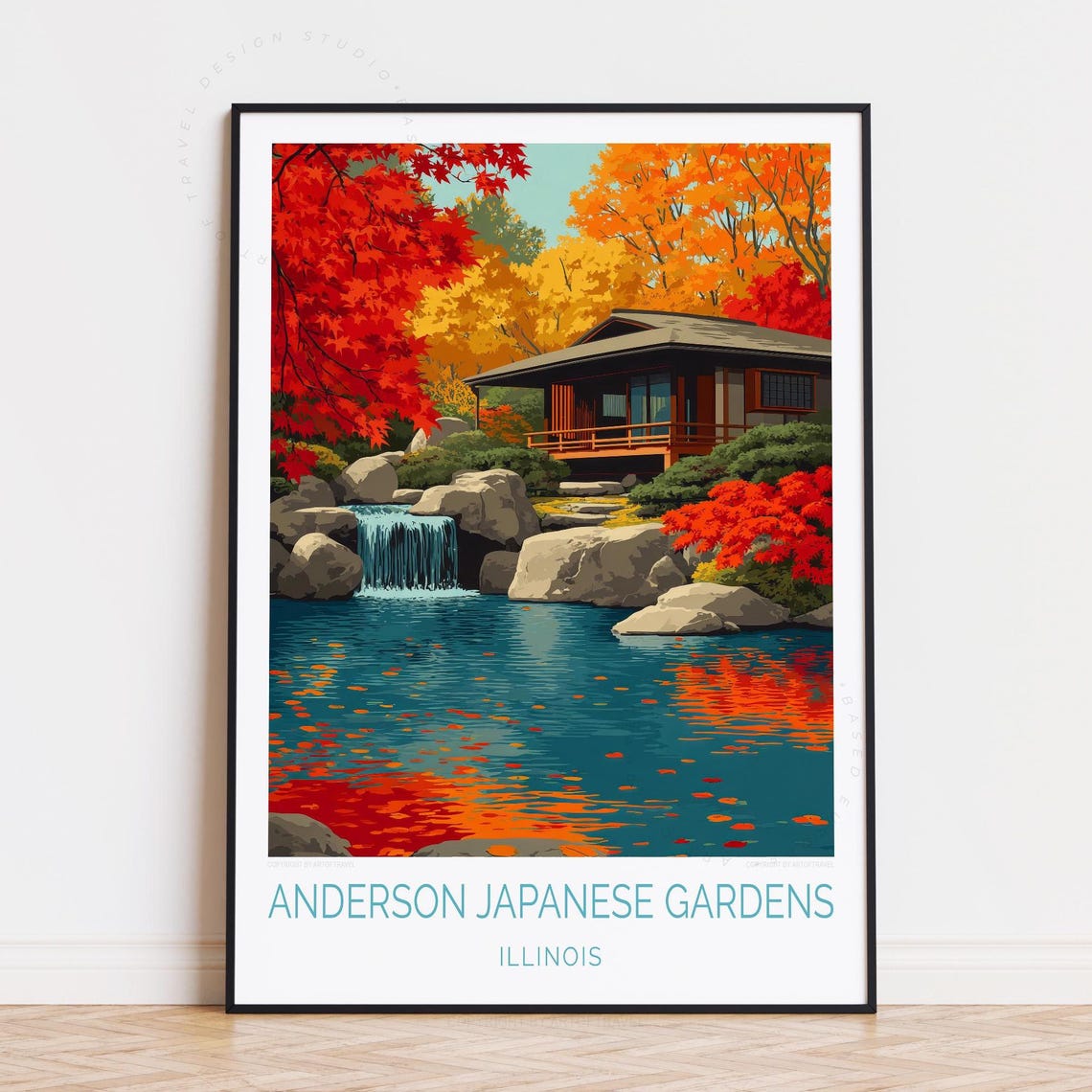 Anderson Japanese Gardens Autumn Maples Pond Illinois Travel Poster