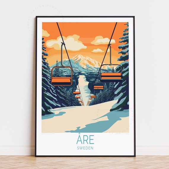 Aare Sweden Chairlift Sunset Ski Resort Vintage Travel Poster