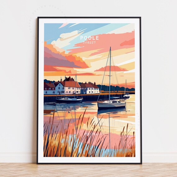 Poole Dorset Waterfront Village Sunset Sailing Harbor Travel Poster