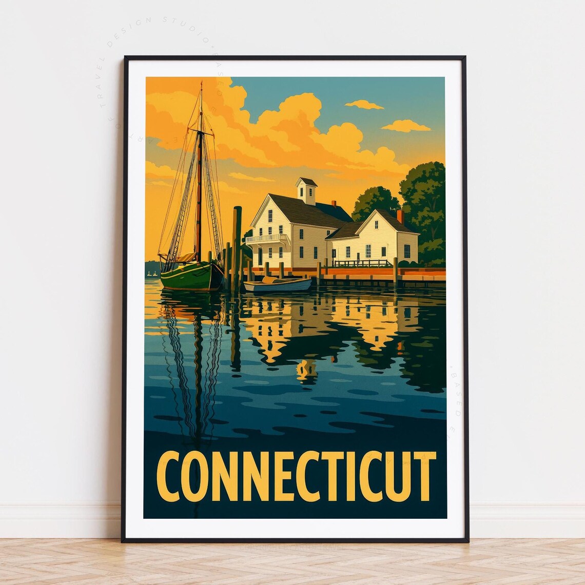 Connecticut Harbor Sunset Sailboat Vintage Travel Scene Poster