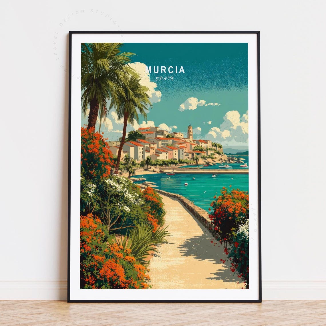 Murcia Spain Coastal Town Promenade Palms Turquoise Bay Travel Poster