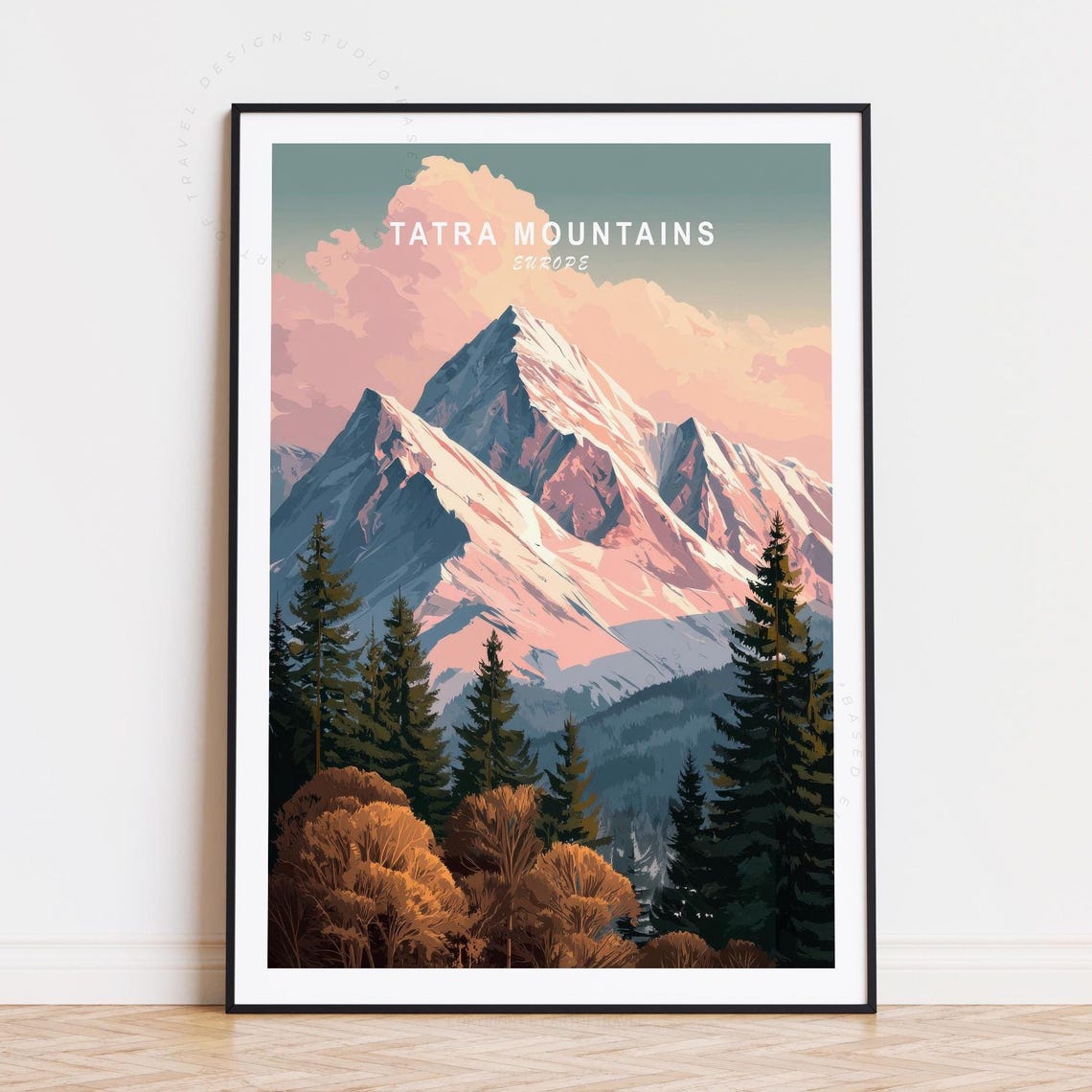 Tatra Mountains Europe Snow Peaks Pink Dusk Pine Forest Travel Poster