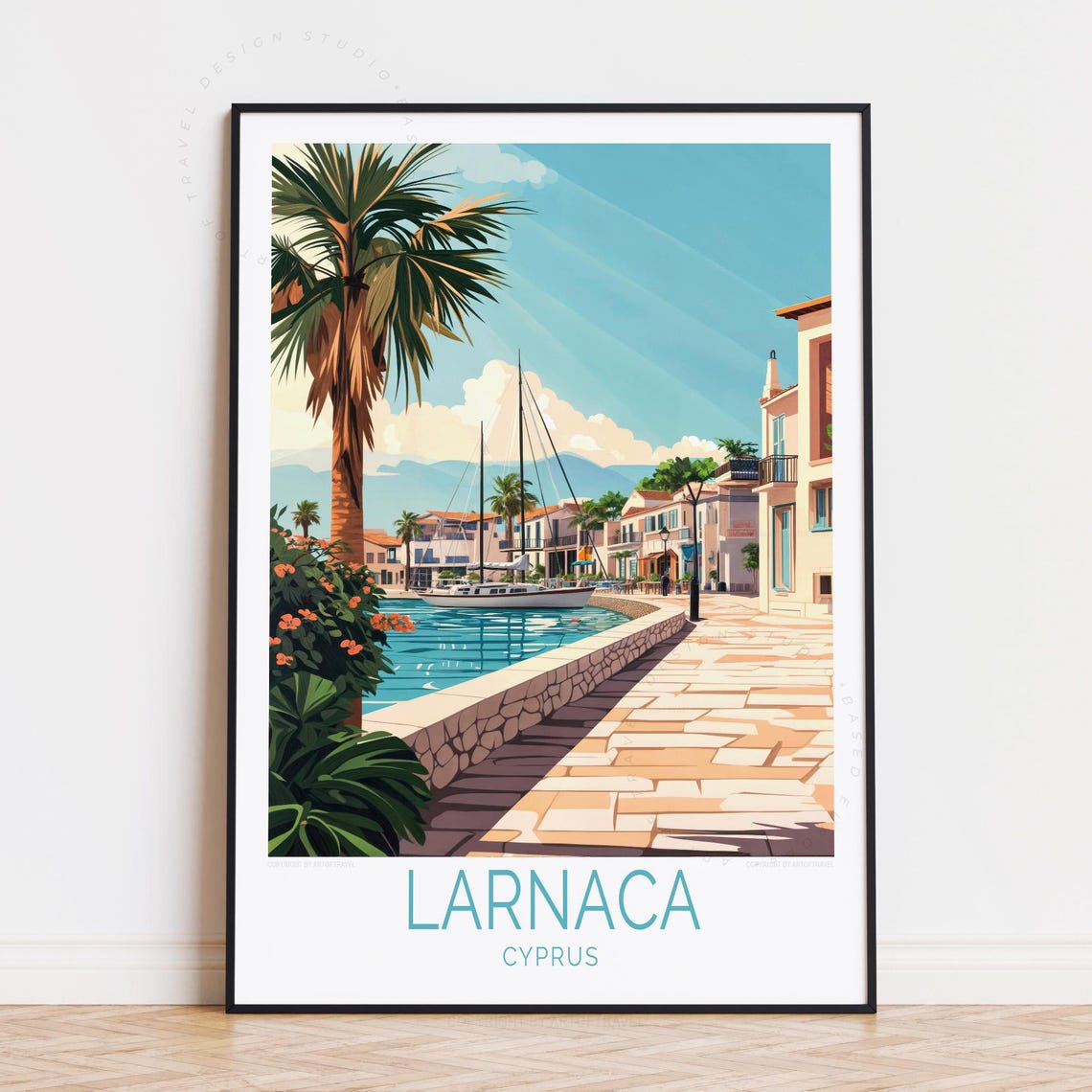 Larnaca Cyprus Marina Promenade with Palm Tree and Sailboats Poster