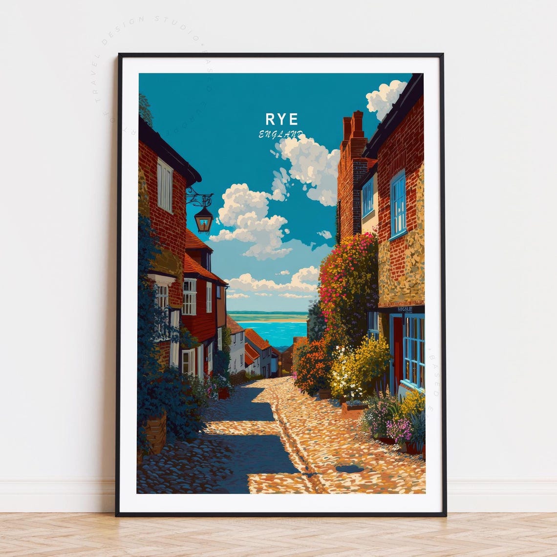 Rye England Brick Cottages Cobblestone Street Retro Travel Poster