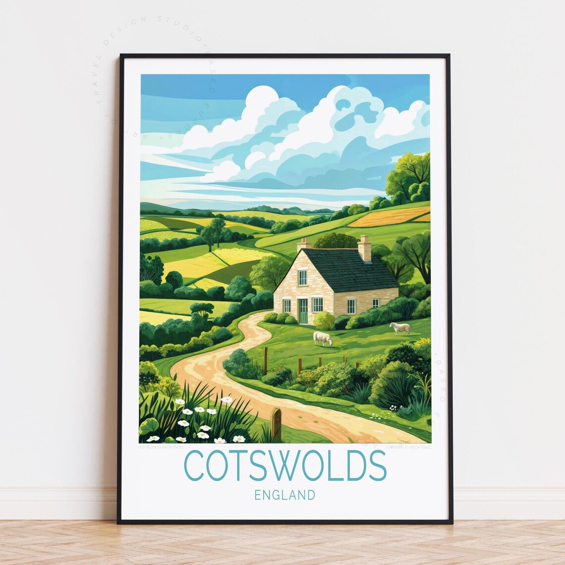 Cotswolds England Stone Cottage Rolling Hills Vintage Travel Poster
