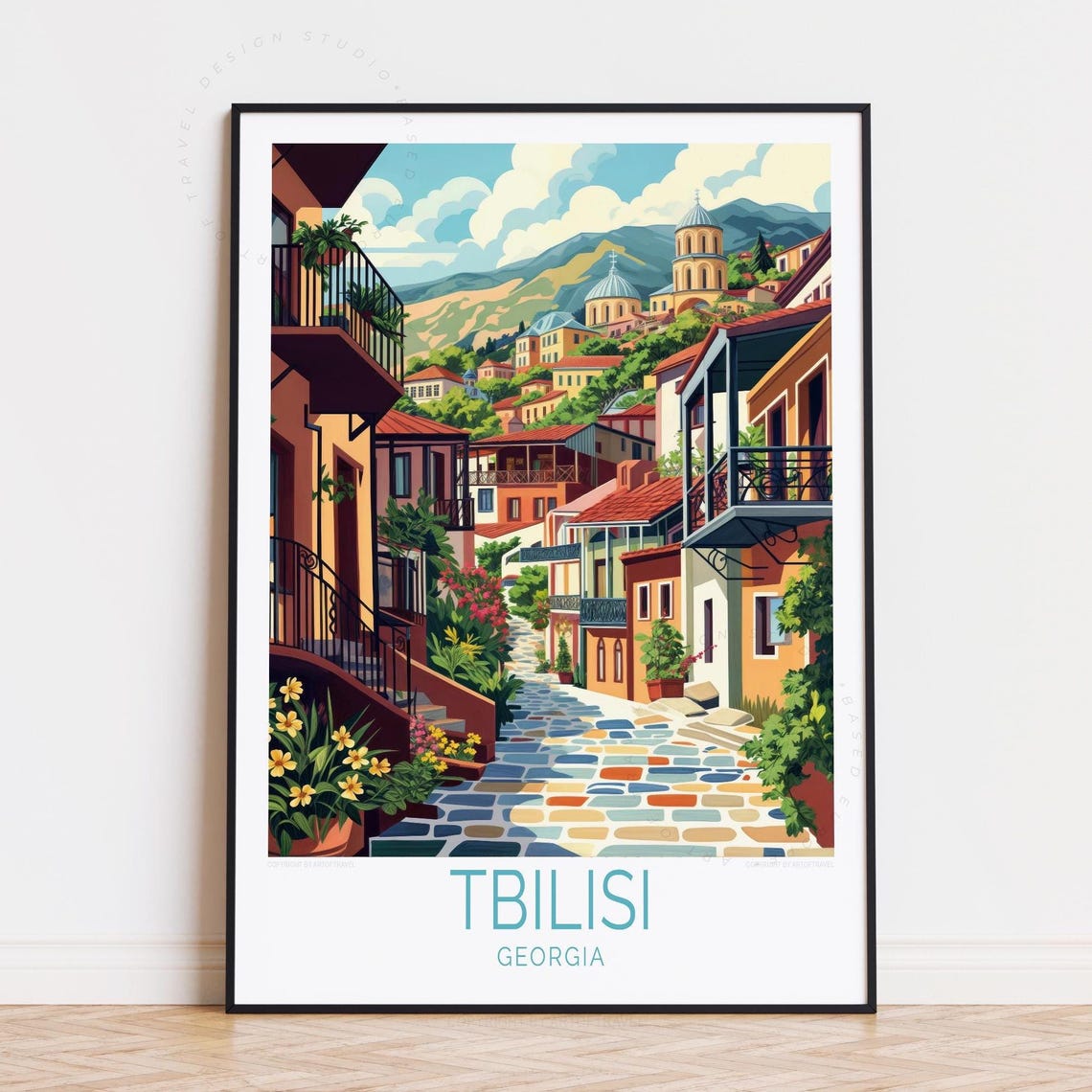 Tbilisi Georgia Old Town Cobblestone Street Churches Travel Poster