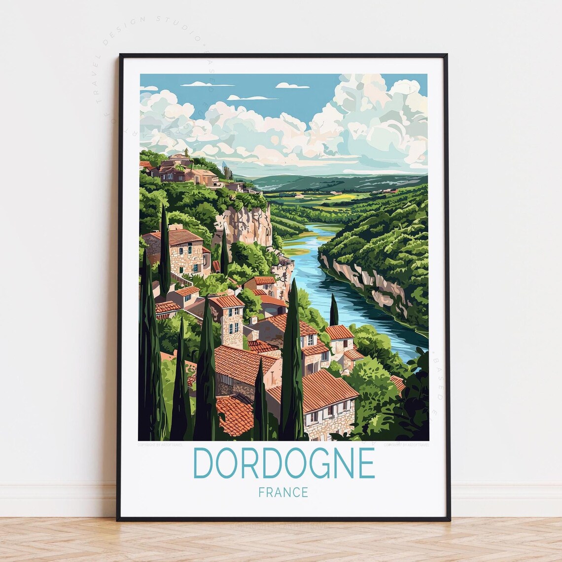 Dordogne France Cliffside Village River Valley Red Roof Town Poster