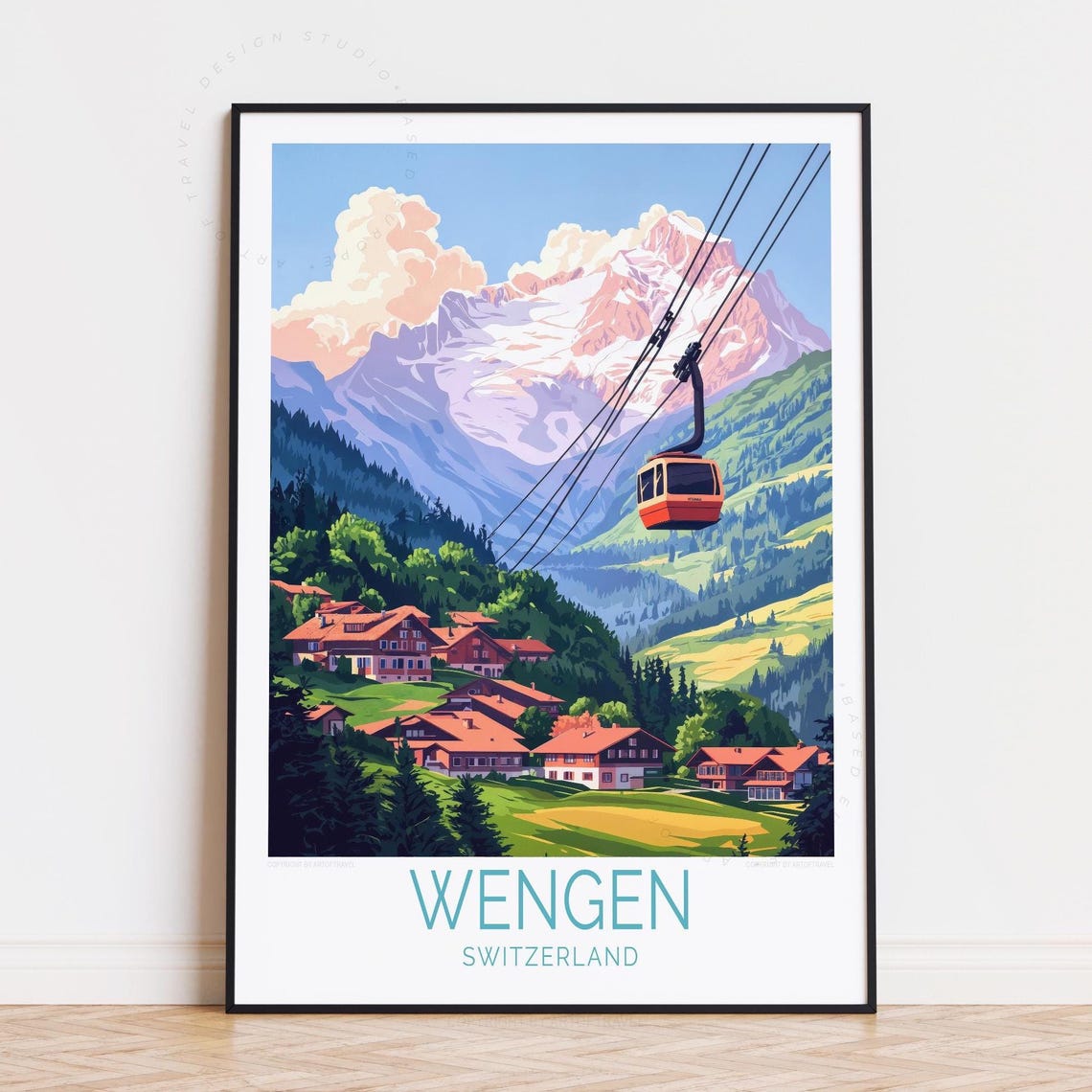 Wengen Switzerland Vintage Retro Alpine Cable Car Chalet Poster
