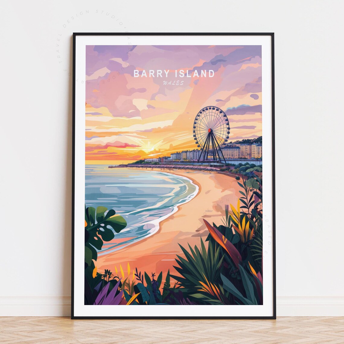 Barry Island Wales Beach Sunset Ferris Wheel Coastal Travel Poster