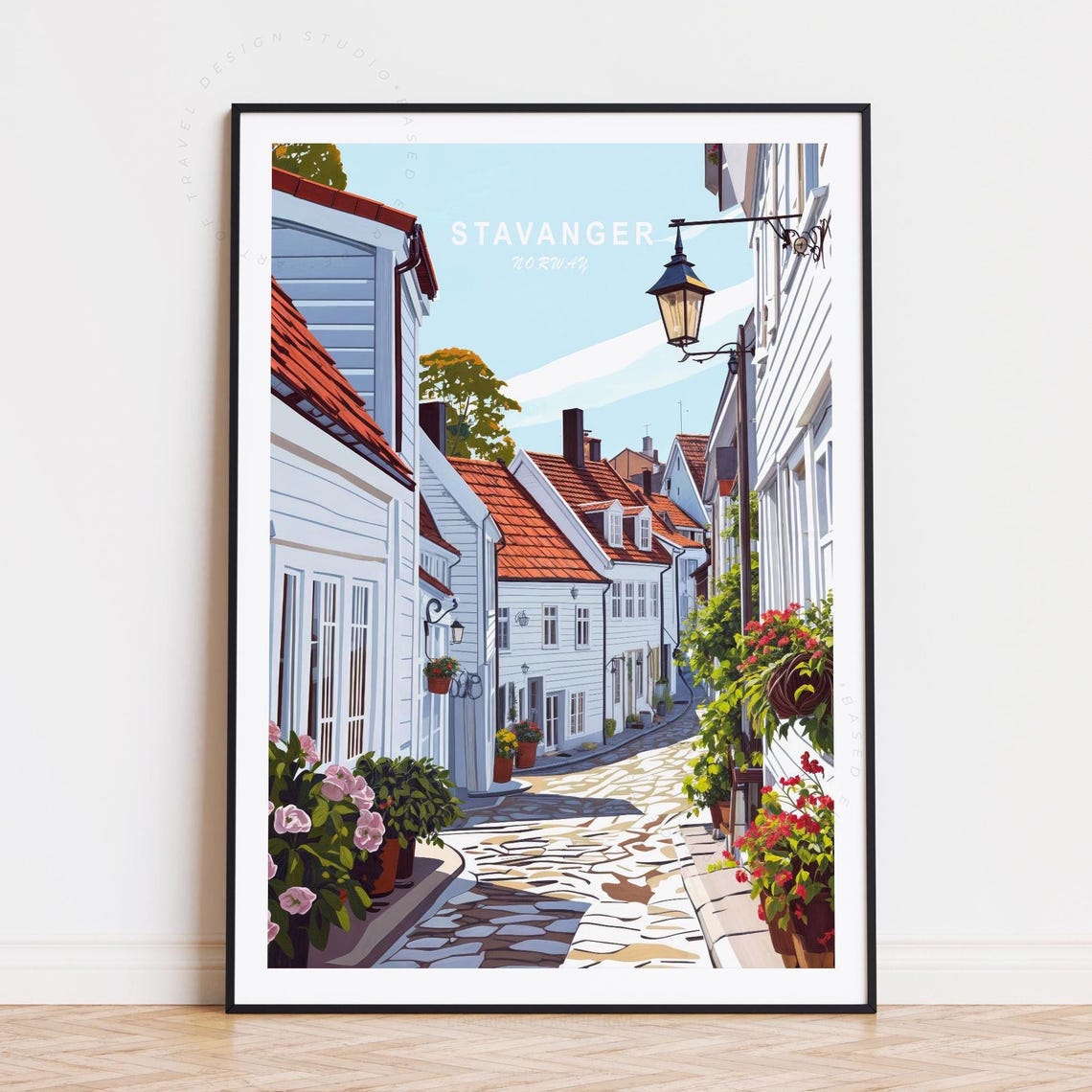 Stavanger Norway Sunny Charming Old Street Row Houses Flower Poster