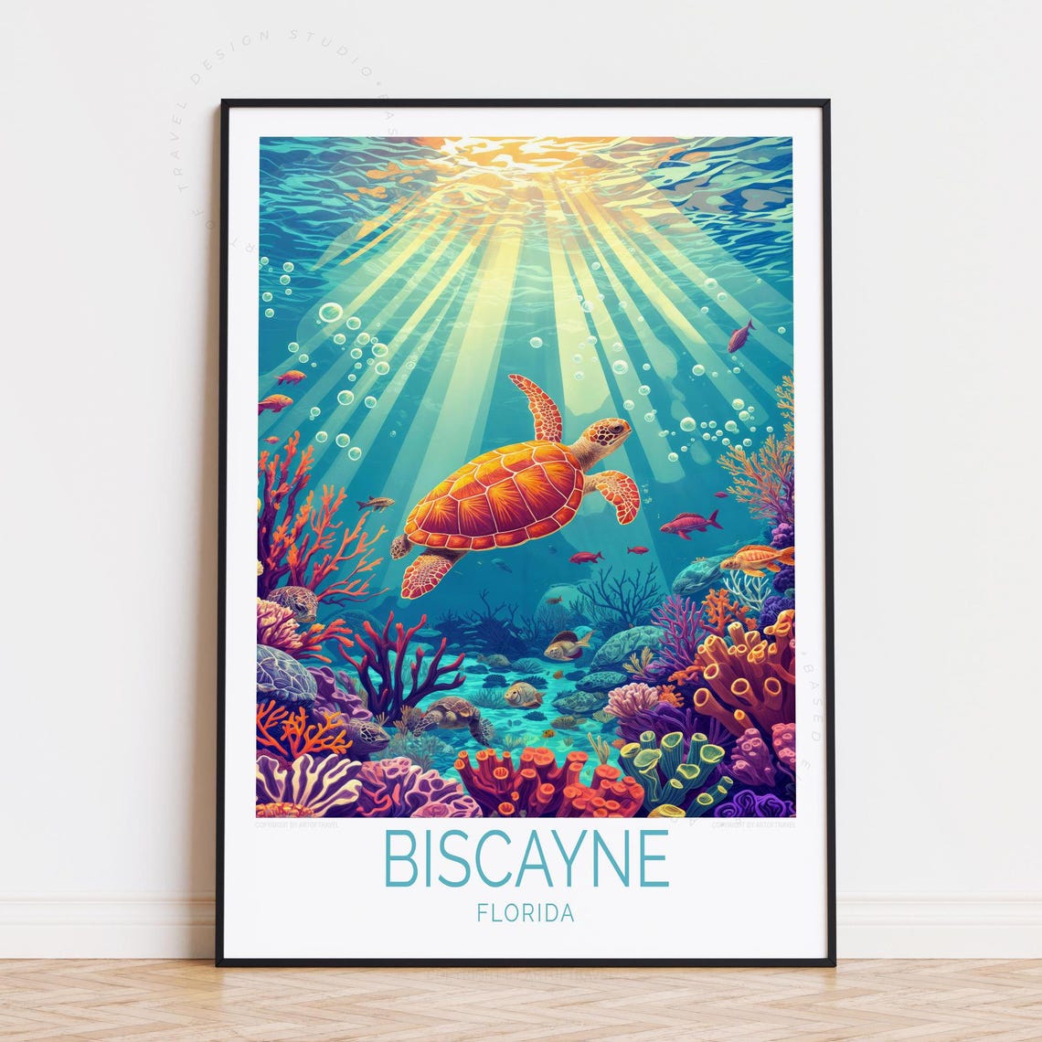 Biscayne Florida Coral Reef Sea Turtle Underwater Art Poster