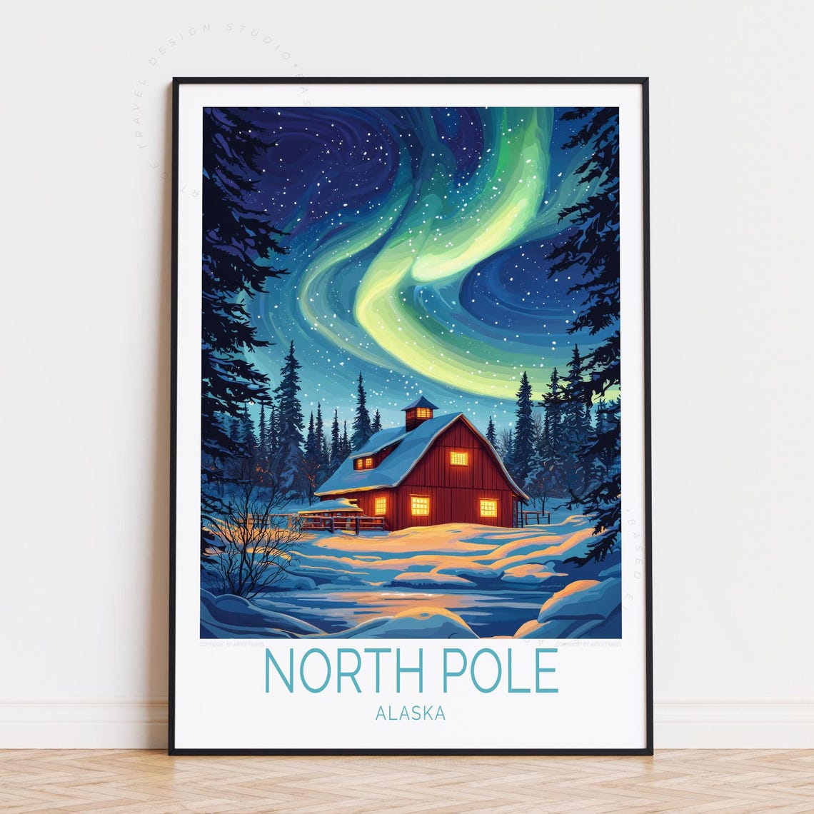 North Pole Alaska Northern Lights Red Barn Snowy Night Travel Poster