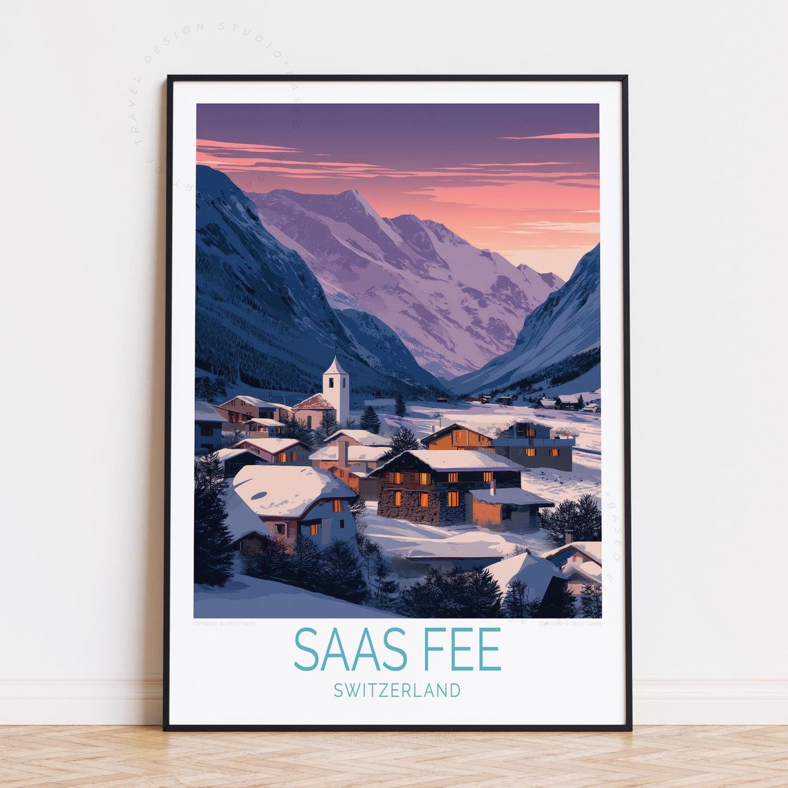 Saas Fee Switzerland Alpine Village Snowy Dusk Sky Travel Poster