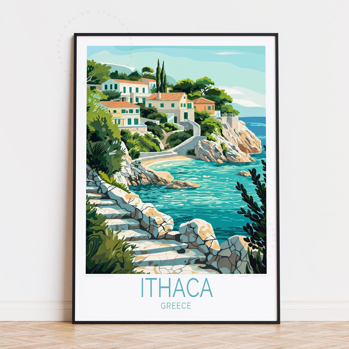 Ithaca Greece Hillside Village on Turquoise Rocky Cove Poster