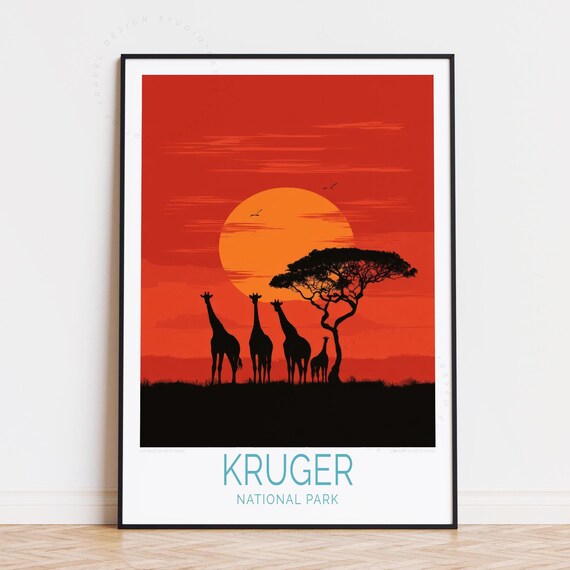 Kruger National Park Sunrise Savanna Giraffes Acacia Tree Travel Poster
