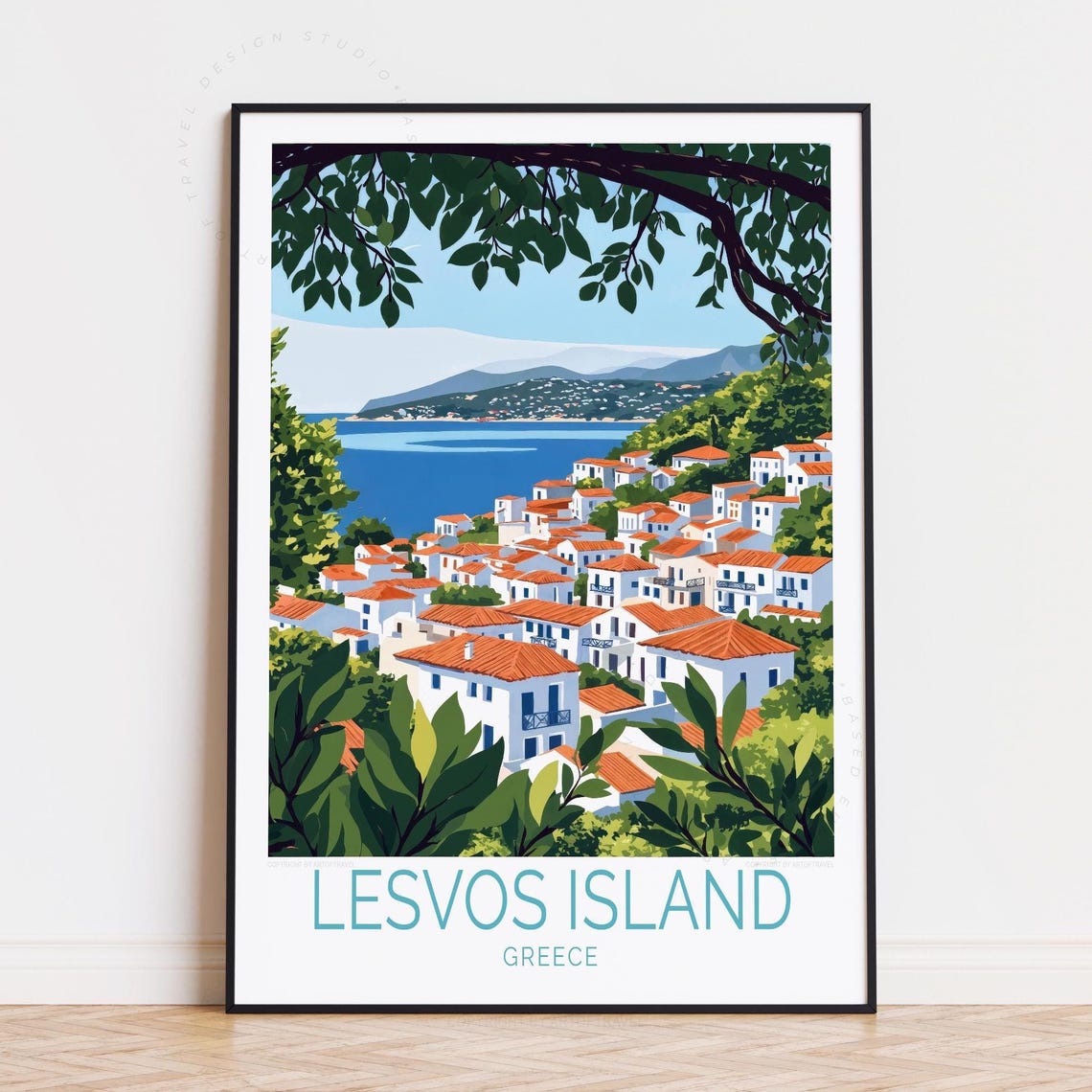 Lesvos Island Greece Coastal Village Hillside Harbor Travel Poster