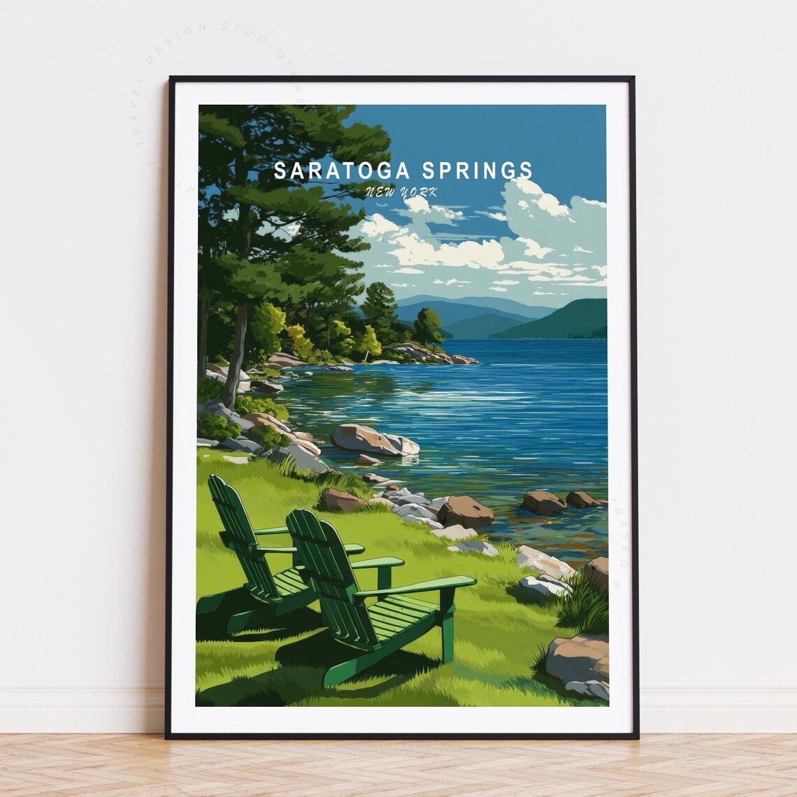 Saratoga Springs New York Lakeside Chairs Vintage Travel Poster