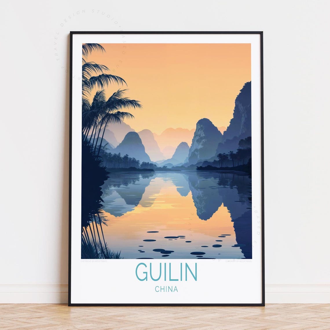 Guilin China Orange Sunset Karst Peaks River Reflection Art Poster