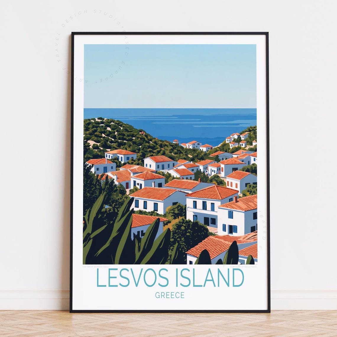 Lesvos Island Greece White Village Red Roofs Seaside Travel Poster