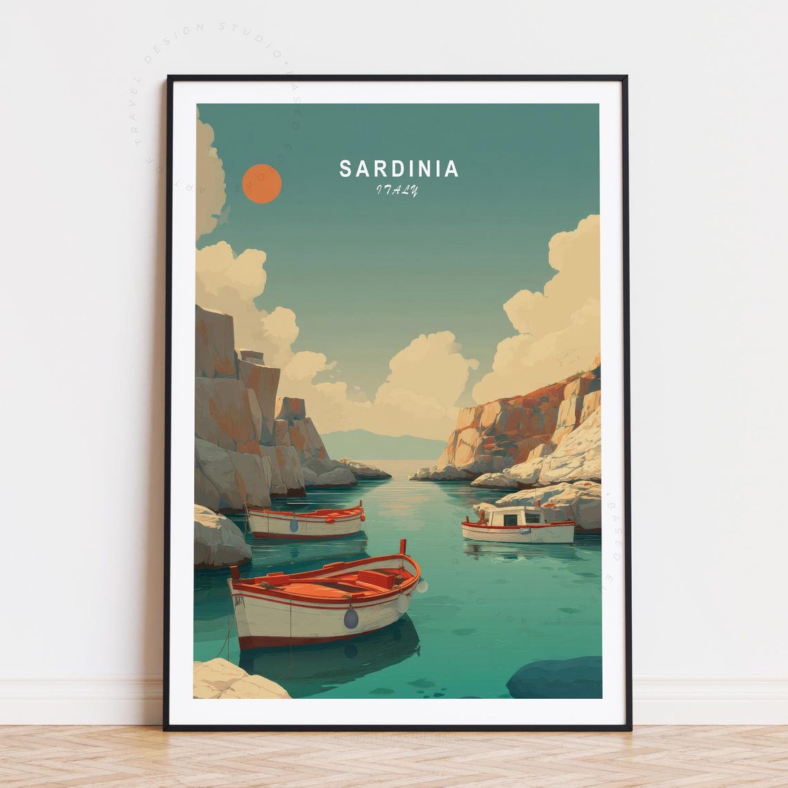 Sardinia Italy Rocky Cove Boats Turquoise Sea Golden Sky Poster