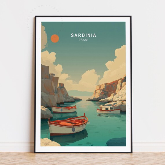 Sardinia Italy Rocky Cove Boats Turquoise Sea Golden Sky Poster