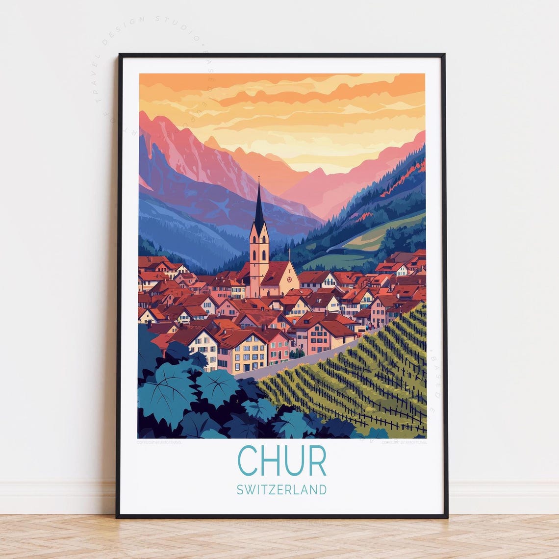 Chur Switzerland Red Roofs Church Steeple Alpine Sunset Poster