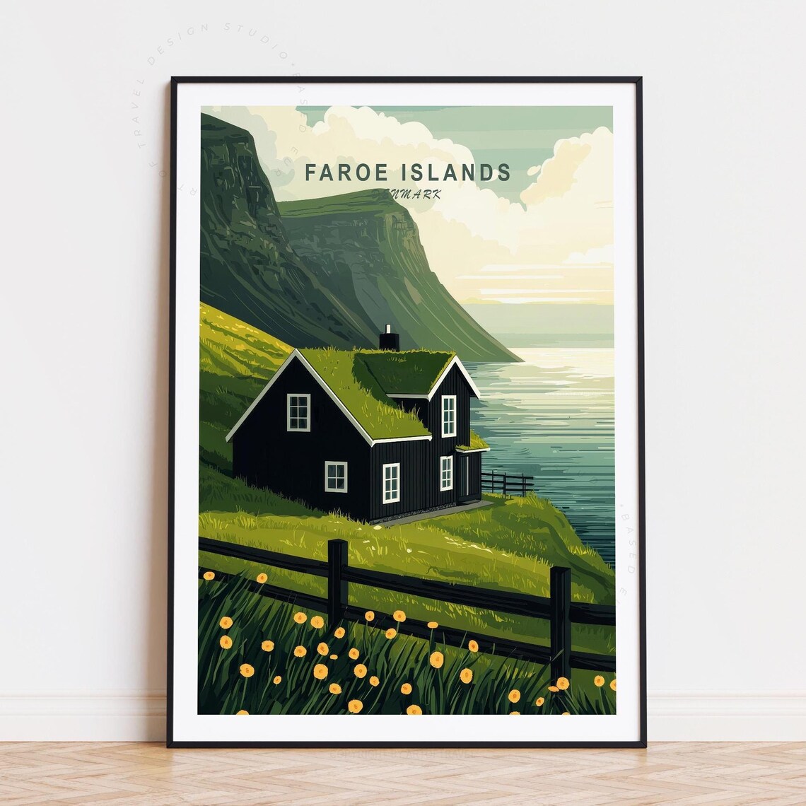 Faroe Islands Denmark Turf Roof House Cliff Ocean Wildflowers Poster