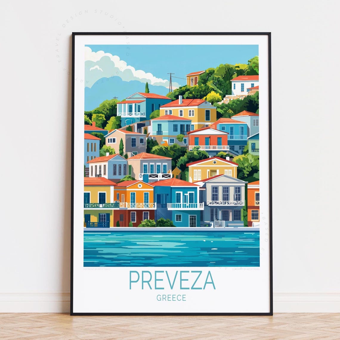 Preveza Greece Pastel Waterfront Houses Blue Bay Travel Poster