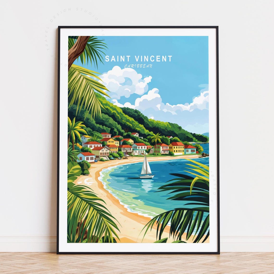 Saint Vincent Caribbean Palm Beach Sailboat Cove Vintage Poster