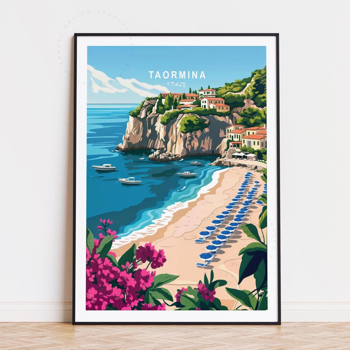 Taormina Italy Cliffside Town Beach Blue Umbrellas Vintage Poster