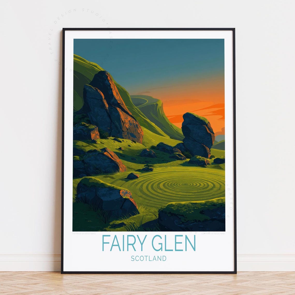 Fairy Glen Scotland Travel Poster Green Hills Sunset Landscape Artwork