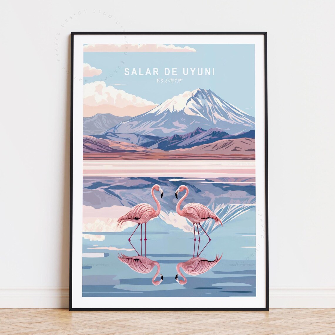 Salar de Uyuni Bolivia Flamingos Salt Flat Mountain Travel Poster