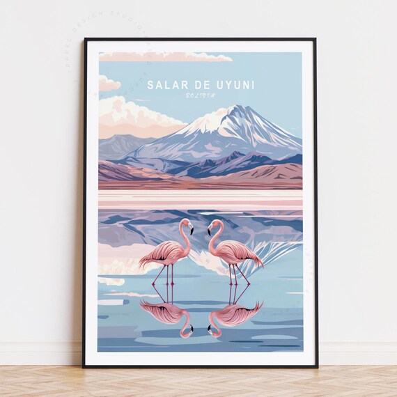Salar de Uyuni Bolivia Flamingos Salt Flat Mountain Travel Poster