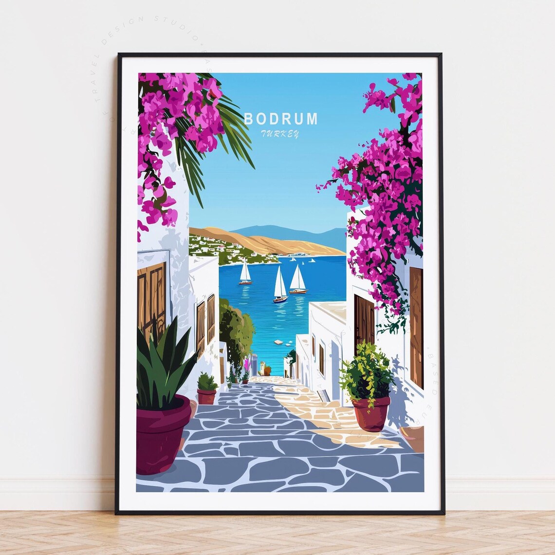 Bodrum Turkey Bougainvillea Lane Harbour Sailboats Vintage Poster