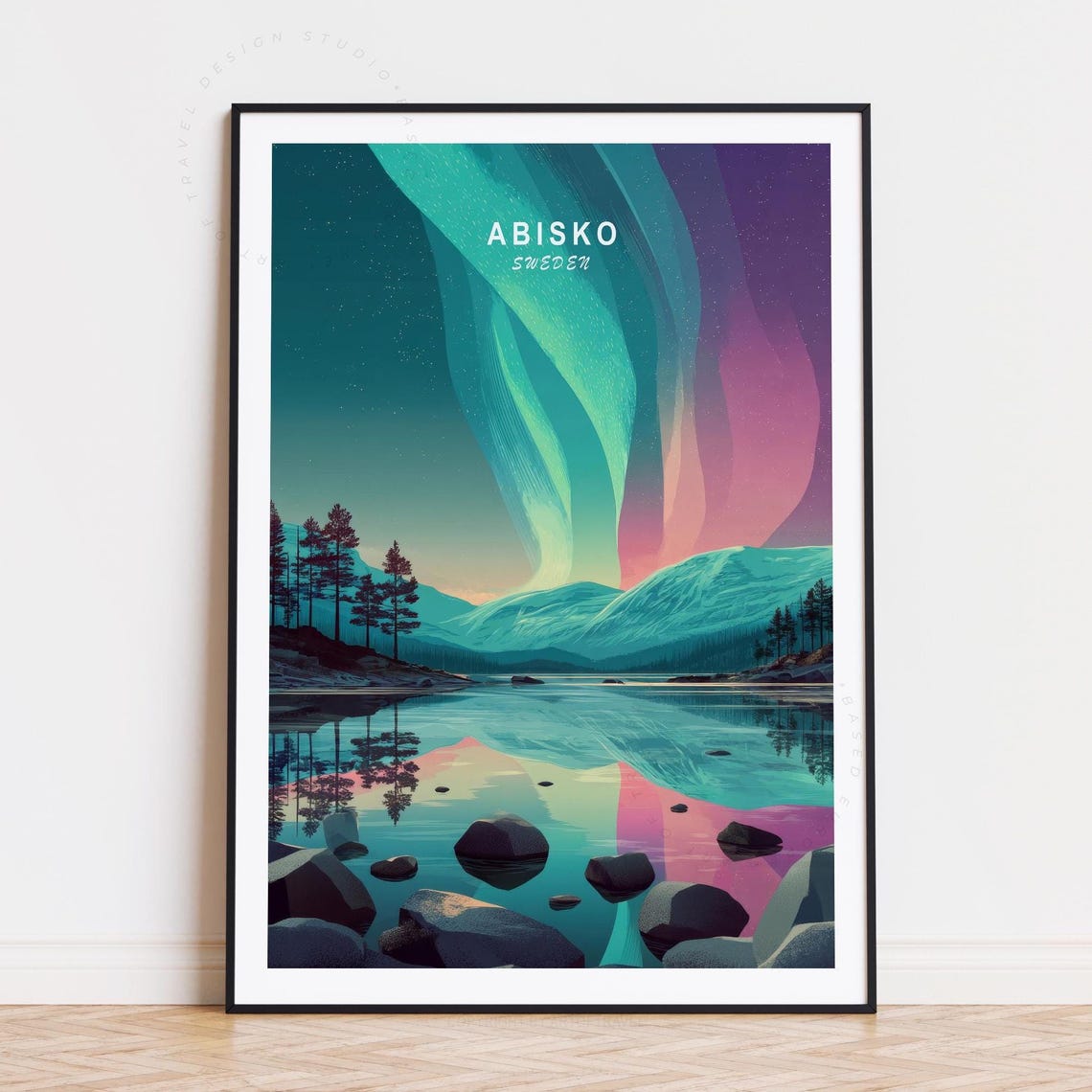 Abisko Sweden Aurora Borealis Over Still Lake Night Travel Poster