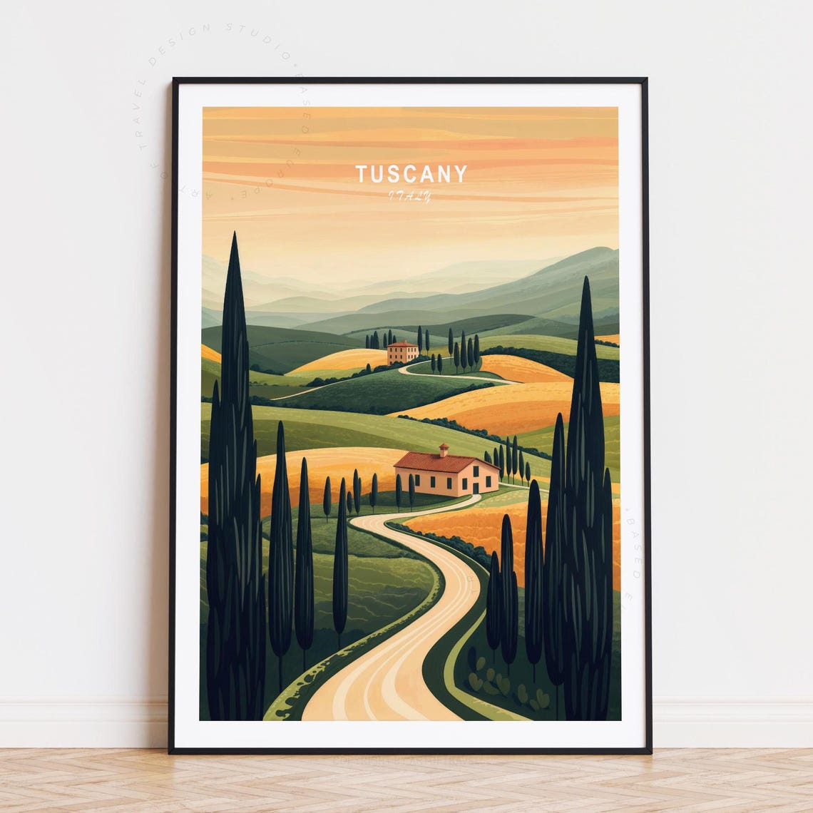 Tuscany Italy Rolling Fields Cypress Lined Road Peach Sky Poster
