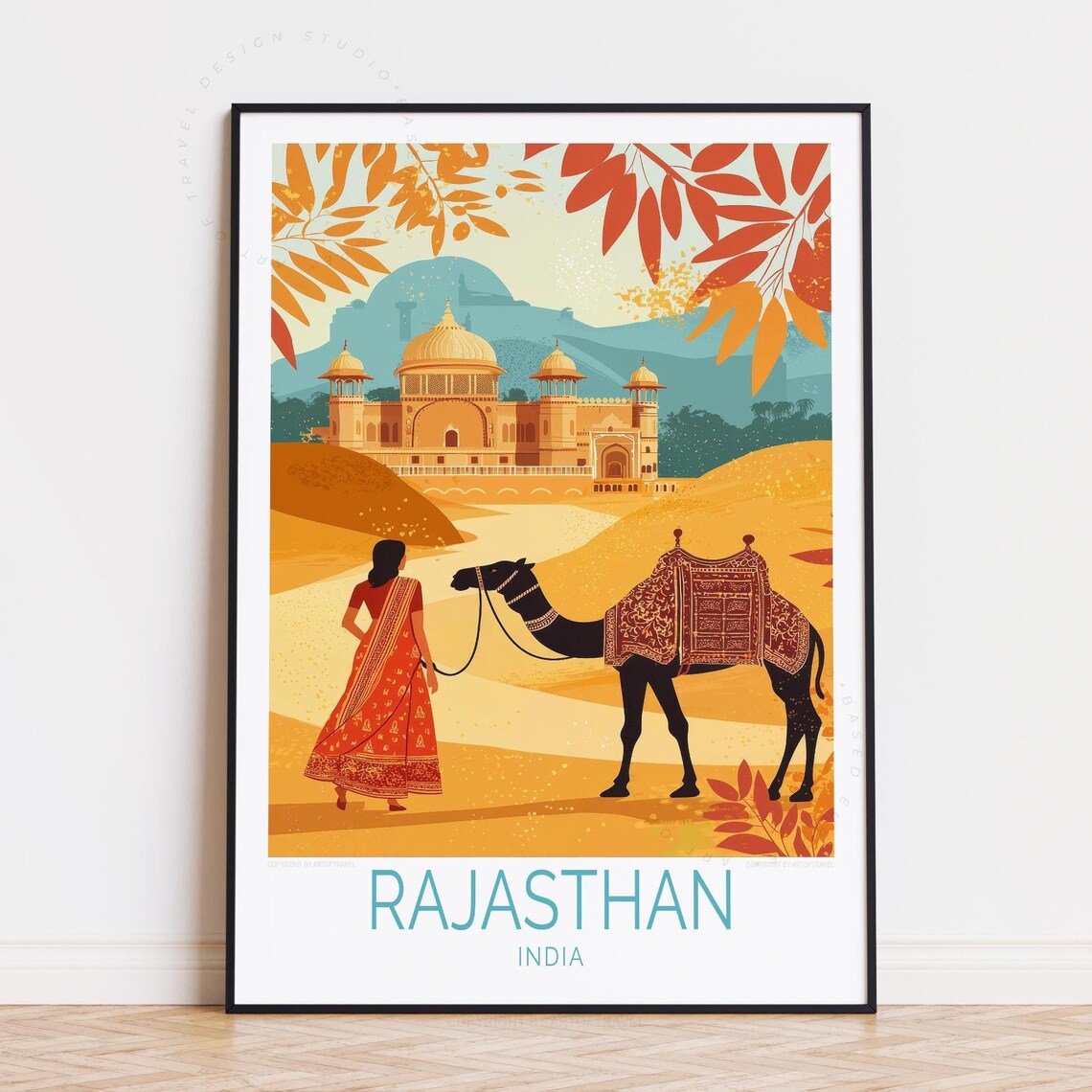 Rajasthan India Golden Palace Woman Sari Camel Desert Travel Poster