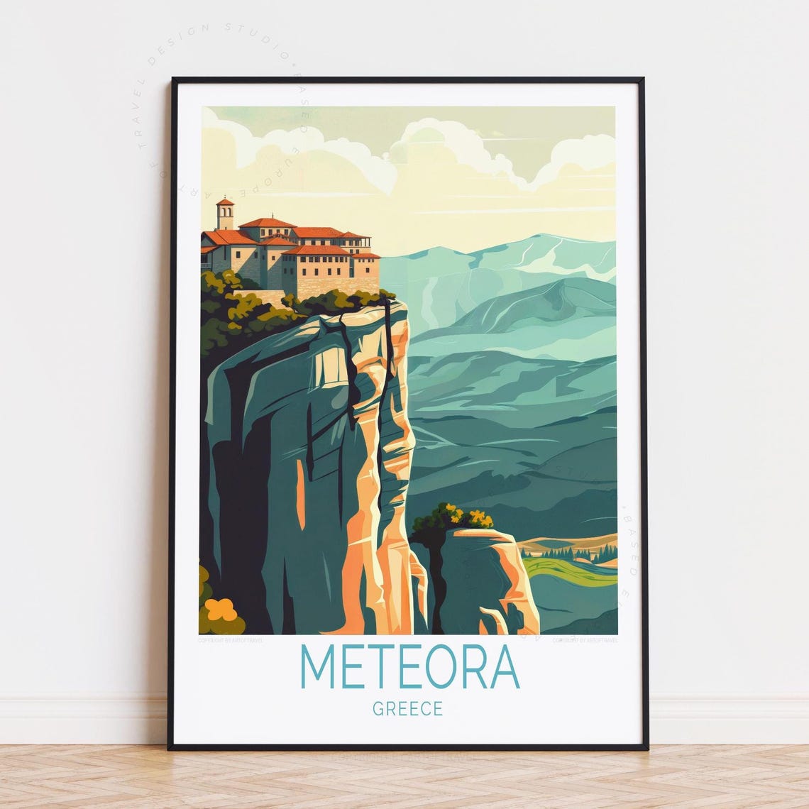 Meteora Greece Monastery Cliff Top Rock Formation Valley View Poster