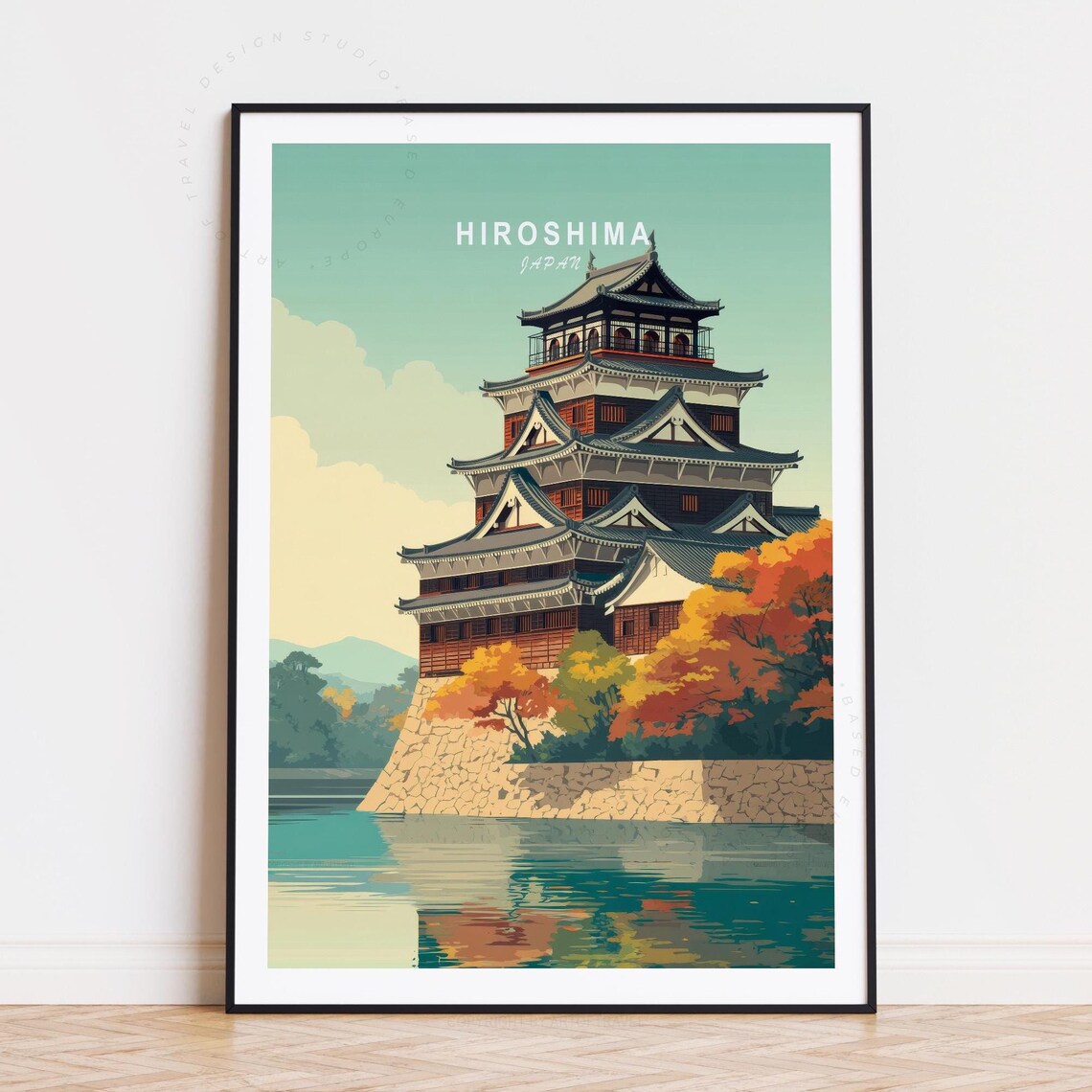 Hiroshima Japan Historic Castle Tiered Roofs Vintage Travel Poster